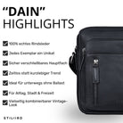 Kleine schwarze Dain Schultertasche aus Rindsleder, Frontansicht mit Reißverschlussfach und STILORD-Logo