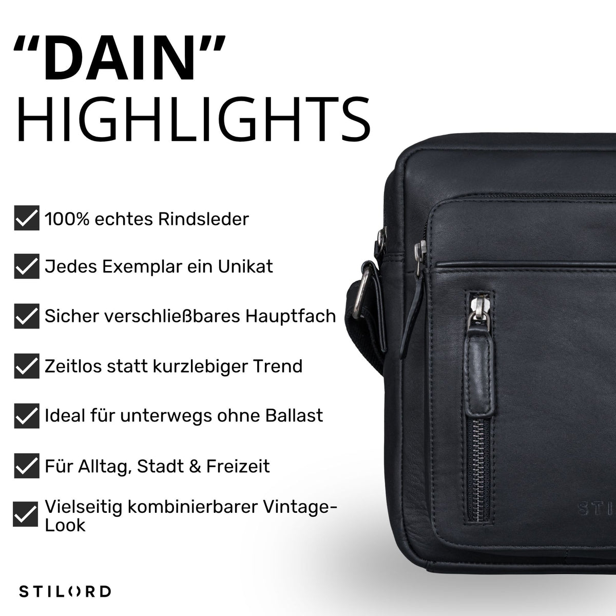 Kleine schwarze Dain Schultertasche aus Rindsleder, Frontansicht mit Reißverschlussfach und STILORD-Logo
