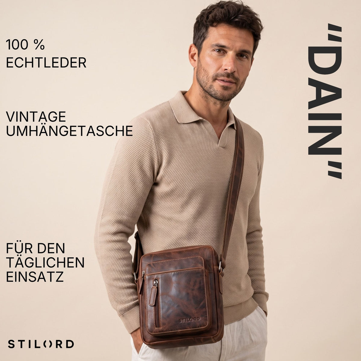 Kleine Leder-Umhängetasche salerno braun, quer getragen von Mann vor hellem Hintergrund, sichtbare STILORD-Prägung