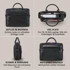 Leder Business-Tasche schwarz, Front, Top mit 13–14 Zoll Laptop, Seitenprofil, Rückseite mit Anti-Diebstahlfach und STILORD