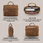 Braune Leder-Business-Tasche mit Laptopfach 13-14 Zoll, Front-, oben geöffnet, Seiten- und Rückansicht mit Anti-Diebstahlfach