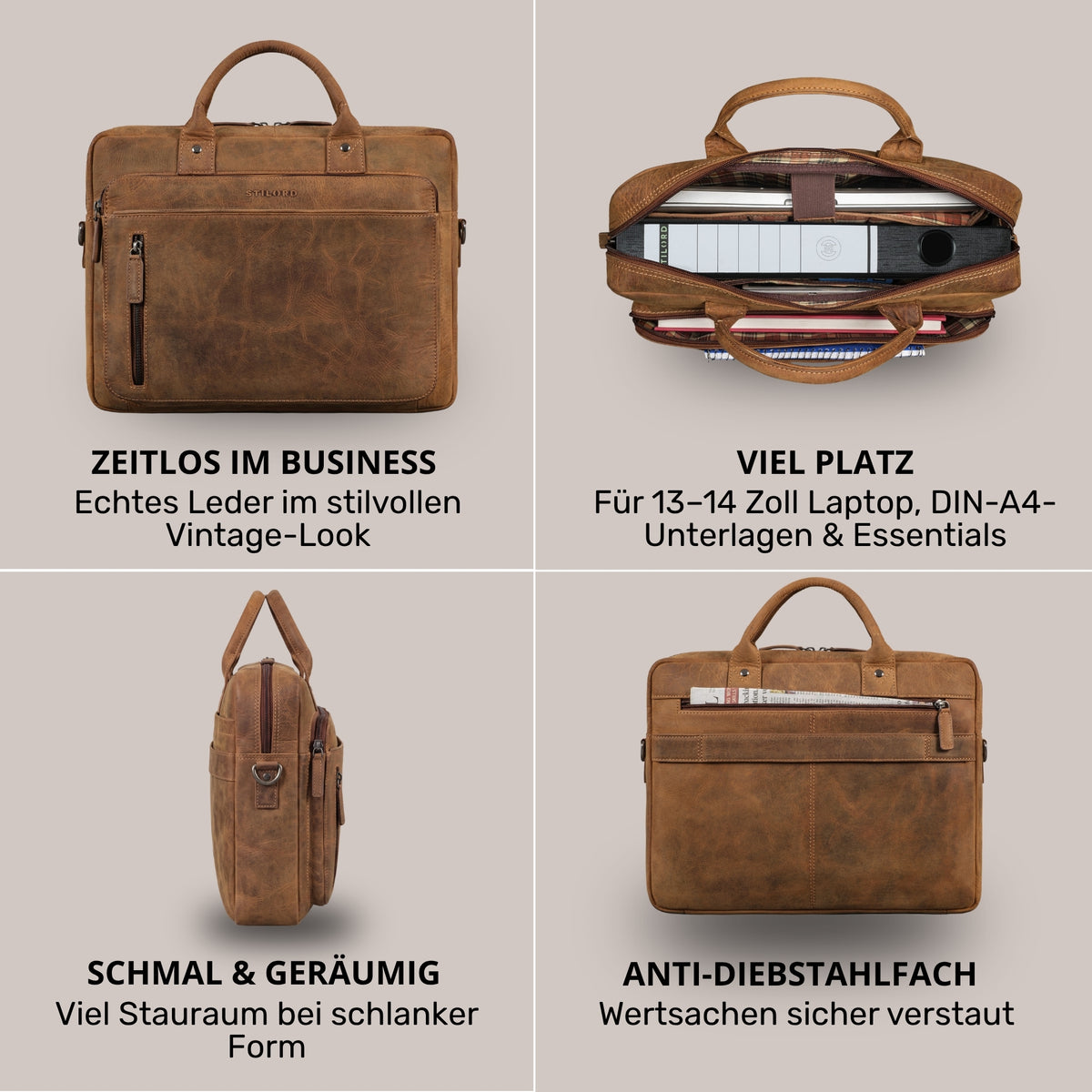 Braune Leder-Business-Tasche mit Laptopfach 13-14 Zoll, Front-, oben geöffnet, Seiten- und Rückansicht mit Anti-Diebstahlfach