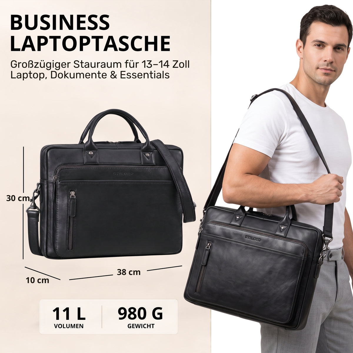 Schwarze Leder-Businesstasche mit Laptopfach 13–14 Zoll, Frontreißverschluss, Schultertrageweise, sichtbare STILORD-Prägung