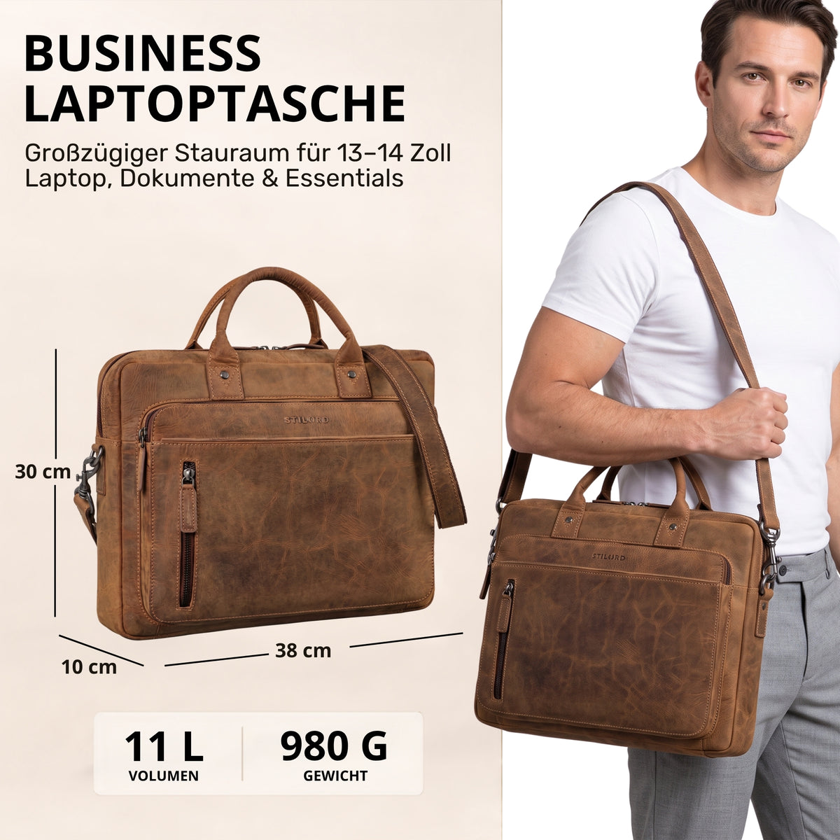 Leder-Business-Tasche 13–14 Zoll bergamo braun, Fronttasche mit Reißverschluss, Schulterriemen, Modell trägt Tasche