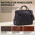 Schwarze Leder-Business-Tasche, drei Viertel Perspektive, Henkel und Schulterriemen, STILORD-Prägung und Lederproben