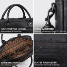 Schwarze Business-Tasche Rindsleder, Detailaufnahmen Henkel, Karabiner, kariertes Innenfutter, STILORD-Prägung