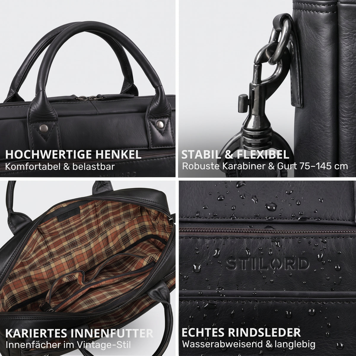 Schwarze Business-Tasche Rindsleder, Detailaufnahmen Henkel, Karabiner, kariertes Innenfutter, STILORD-Prägung