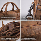 Leder-Business-Tasche bergamo braun, Nahaufnahme Henkel und Karabiner, kariertes Innenfutter, wasserabweisendes Rindsleder mit STILORD-Prägung