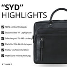 Schwarze Leder-Business-Tasche, Detailansicht mit Griff, Frontreißverschluss und sichtbarer STILORD-Prägung