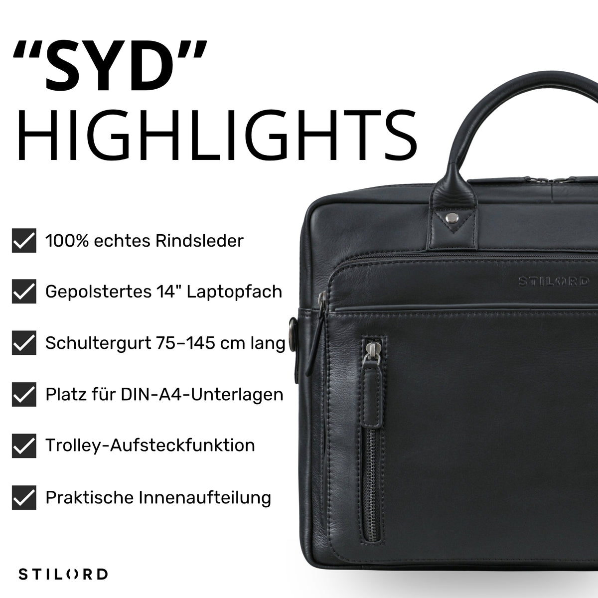 Schwarze Leder-Business-Tasche, Detailansicht mit Griff, Frontreißverschluss und sichtbarer STILORD-Prägung