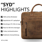 Business-Tasche aus Rindsleder bergamo braun, Frontdetail mit Reißverschluss, Griff und STILORD-Prägung