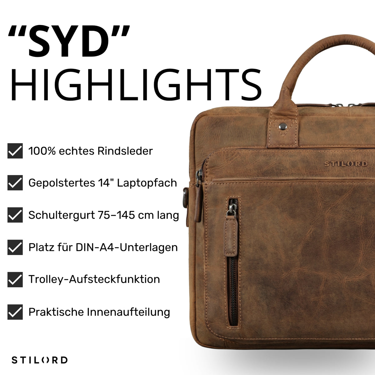 Business-Tasche aus Rindsleder bergamo braun, Frontdetail mit Reißverschluss, Griff und STILORD-Prägung
