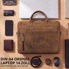 Braune Ledertasche Syd (bergamo), flach von oben, STILORD-Prägung sichtbar, Laptopfach 13–14 Zoll, frontseitige Reißverschlusstasche