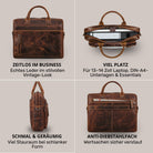 Braune Business-Tasche aus Vintage-Leder, vier Ansichten mit offenem 13–14 Zoll Laptopfach und Anti-Diebstahlfach
