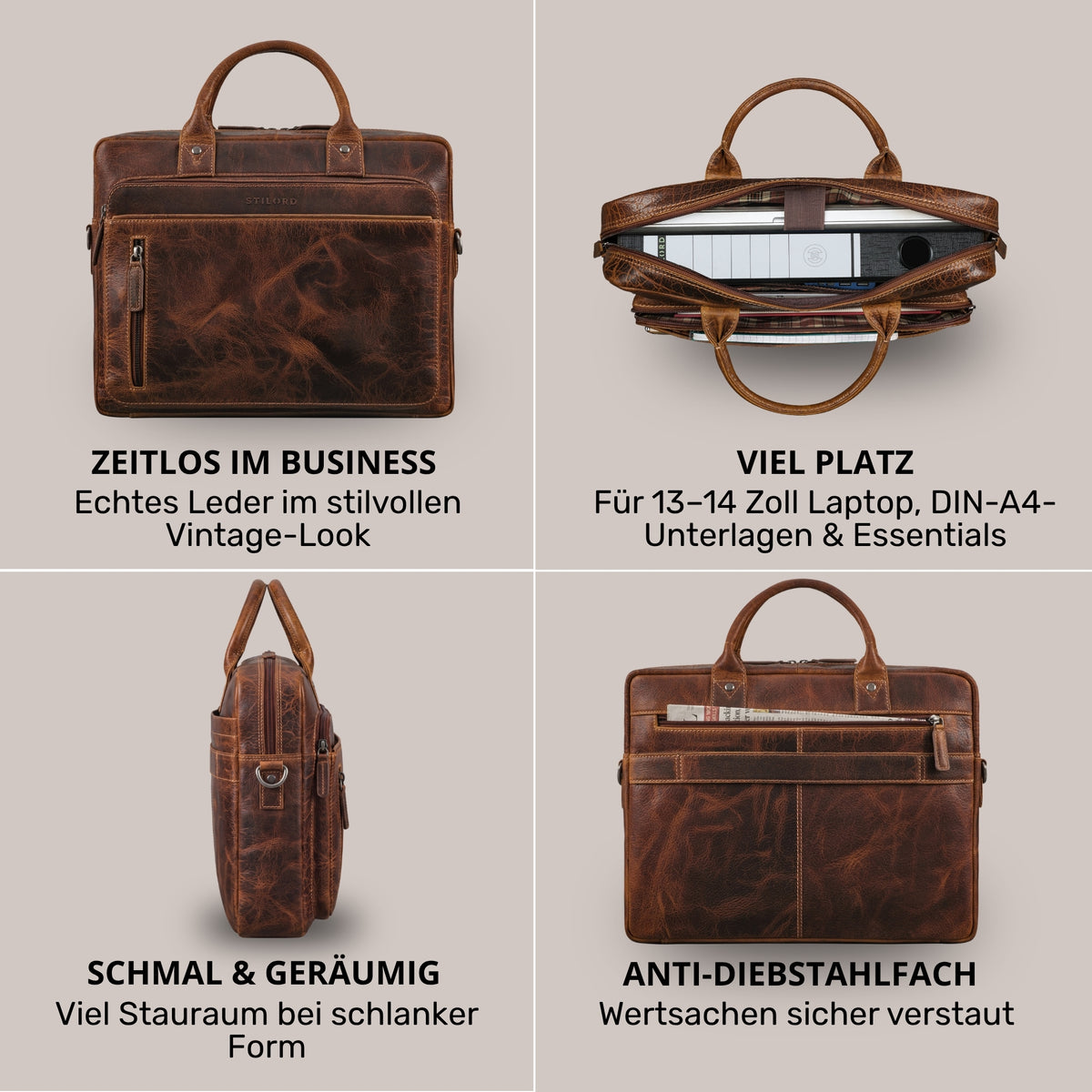 Braune Business-Tasche aus Vintage-Leder, vier Ansichten mit offenem 13–14 Zoll Laptopfach und Anti-Diebstahlfach