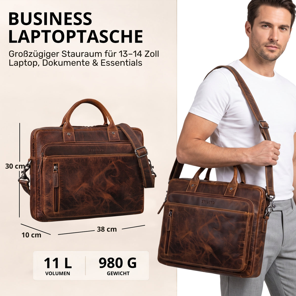 Business-Laptoptasche aus braunem luino Leder, Vorderansicht mit Maßen, Modell trägt Tasche, geeignet für 13–14 Zoll Laptops