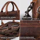 Braune Rindsleder-Business-Tasche, Detailaufnahmen: Henkel, robuster Karabiner, kariertes Laptopfach innen, STILORD-Prägung mit Wassertropfen