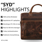Braune Business-Laptoptasche aus Rindsleder, Vorderansicht mit Griff, Fronttasche und STILORD-Prägung
