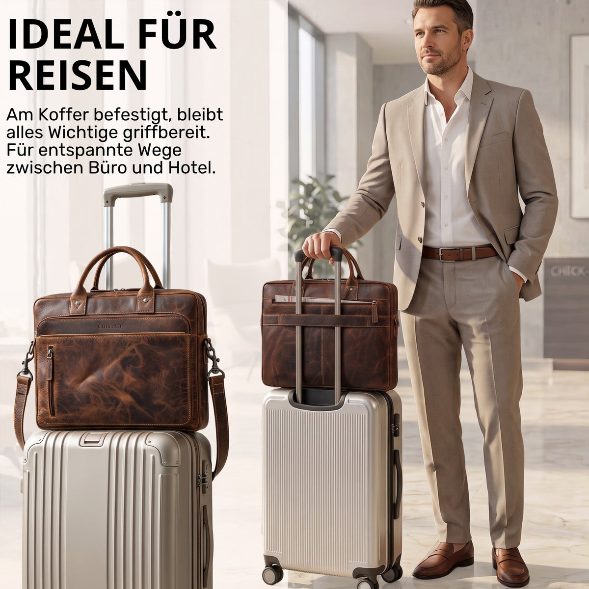 Braune Leder-Business-Tasche mit Laptopfach 13-14 Zoll auf Hartschalenkoffer gesteckt, Mann im Anzug daneben