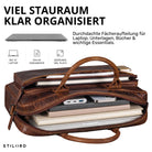 Braune Leder-Business-Tasche offen, Innenfächer mit 13–14 Zoll Laptop, A4-Dokumenten und Zubehör, STILORD-Logo sichtbar