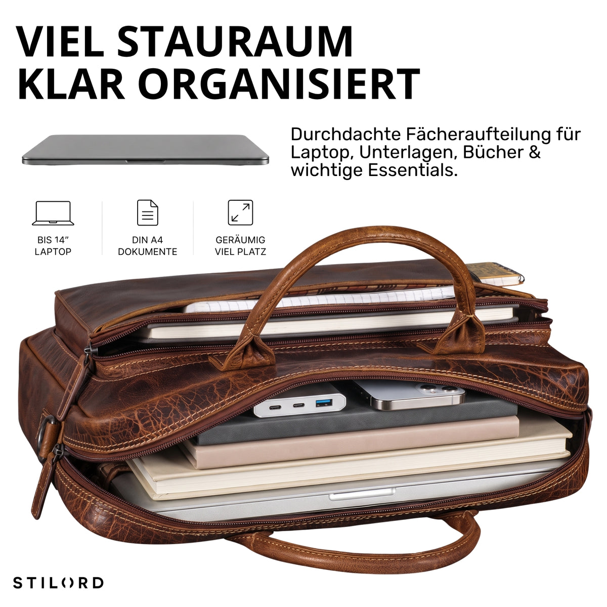 Braune Leder-Business-Tasche offen, Innenfächer mit 13–14 Zoll Laptop, A4-Dokumenten und Zubehör, STILORD-Logo sichtbar