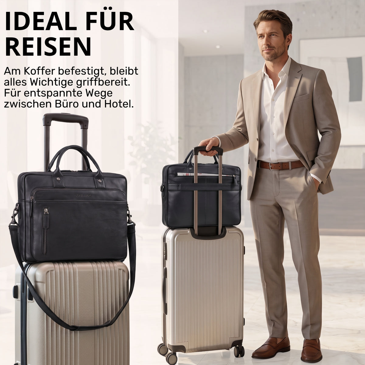 Schwarze Leder-Business-Tasche mit 13–14-Zoll Laptopfach, auf Koffer steckbar, Mann im Anzug neben Koffer