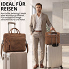 Leder-Business-Tasche bergamo braun, passt 13-14 Zoll Laptop, frontal auf Rollkoffer gesteckt, Mann im Anzug im Hintergrund