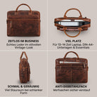 Braune Leder-Business-Tasche Salerno in vier Ansichten: Front, oben mit 13–14 Zoll Laptop, Seitenprofil, Rückseite mit Anti-Diebstahlfach