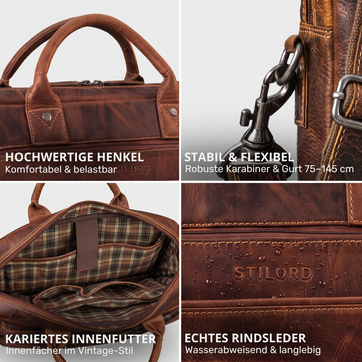 Business-Tasche aus Rindsleder in salerno-braun, Collage: Henkel, Karabiner & Gurt, kariertes Innenfutter, STILORD-Prägung mit Wassertropfen