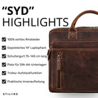Frontdetail einer braunen Rindsleder-Business-Tasche mit Griff, Reißverschlussfach und STILORD-Prägung, für 13–14 Zoll