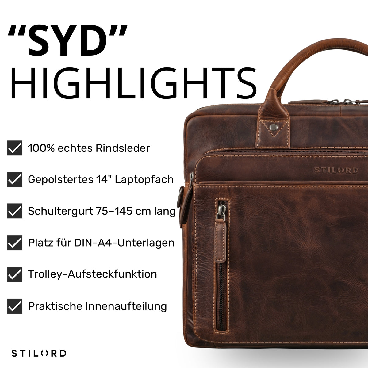 Frontdetail einer braunen Rindsleder-Business-Tasche mit Griff, Reißverschlussfach und STILORD-Prägung, für 13–14 Zoll