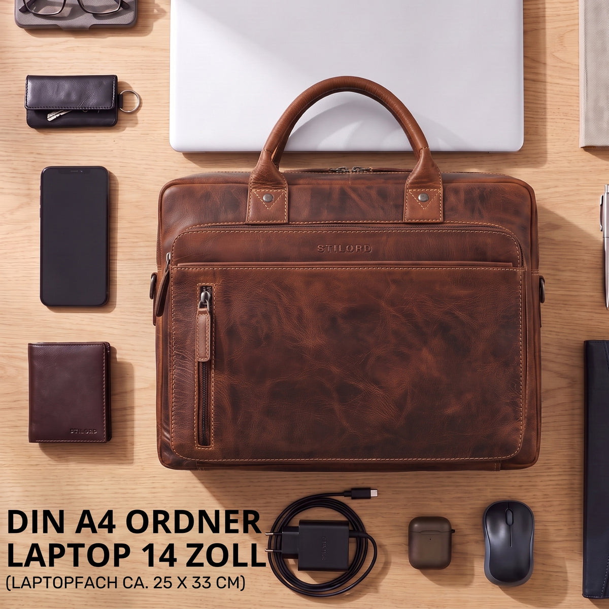 Braune Syd Business-Laptoptasche aus Rindsleder mit STILORD-Prägung, Frontansicht, Laptopfach für 14 Zoll