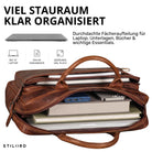 Geöffnete braune Leder-Business-Tasche salerno mit Laptopfach, Büchern, Powerbank und übersichtlicher Fächeraufteilung