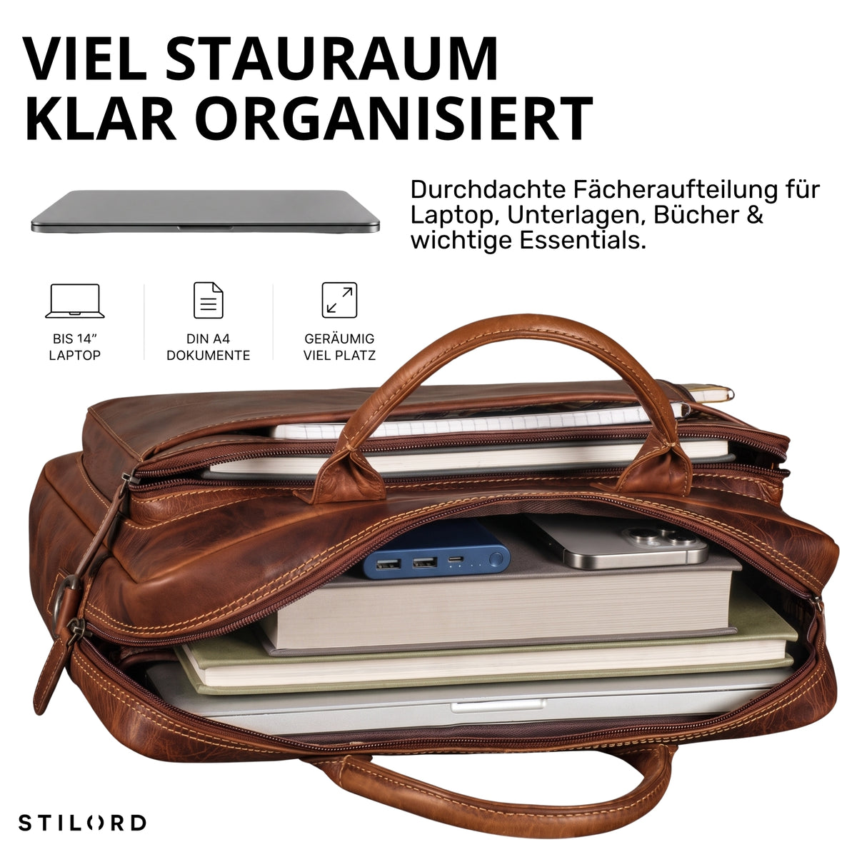 Geöffnete braune Leder-Business-Tasche salerno mit Laptopfach, Büchern, Powerbank und übersichtlicher Fächeraufteilung