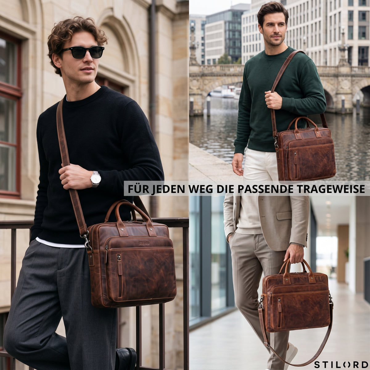 Braune Syd Business-Ledertasche aus Rindsleder mit sichtbarer STILORD-Prägung, Laptopfach 13–14 Zoll, Schulterriemen und Tragegriffen