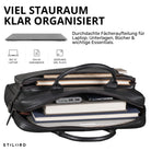 Schwarze Leder-Business-Tasche offen mit mehreren Fächern, Laptop bis 14 Zoll, Bücher, Powerbank, STILORD-Logo sichtbar