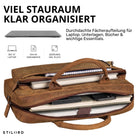Leder Business Tasche bergamo braun, offene Innenansicht mit Laptopfach 13-14 Zoll, Notizbüchern und Fächern, STILORD-Logo sichtbar