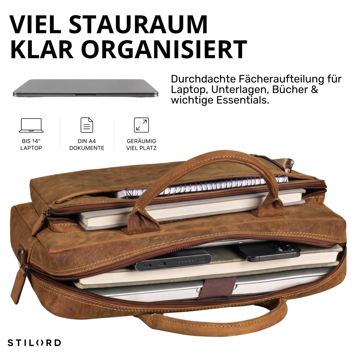 Leder Business Tasche bergamo braun, offene Innenansicht mit Laptopfach 13-14 Zoll, Notizbüchern und Fächern, STILORD-Logo sichtbar