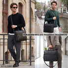 Business-Tasche aus schwarzem Leder mit Laptopfach 13-14 Zoll, gezeigt in drei Tragevarianten mit Männern, STILORD-Logo sichtbar