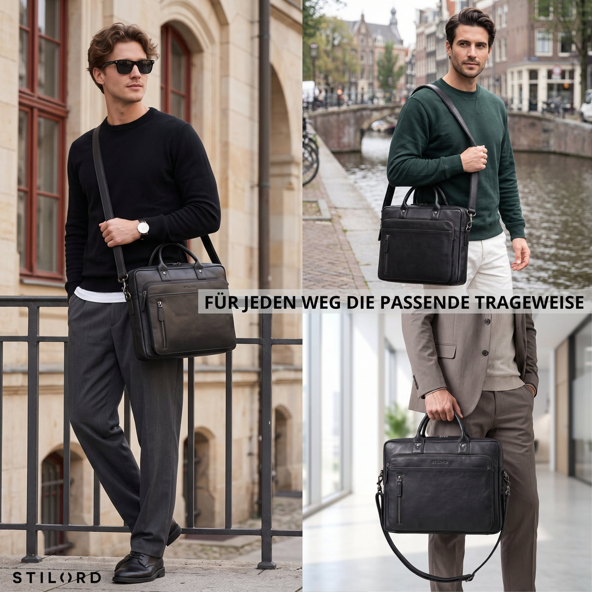 Business-Tasche aus schwarzem Leder mit Laptopfach 13-14 Zoll, gezeigt in drei Tragevarianten mit Männern, STILORD-Logo sichtbar