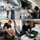 Collage: schwarzer Reise-Rucksack mit Trolley-Sleeve in Flughafen, im Gepäckfach, unter Sitz und auf Hotelbett