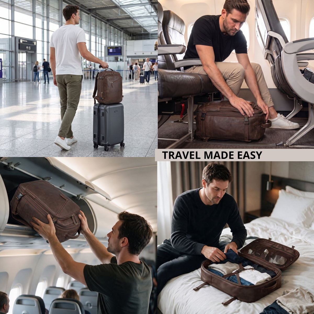 Dunkelbrauner Leder-Reiserucksack mit Trolley-Sleeve; Mann am Flughafen, im Flugzeug und geöffnet auf dem Bett.