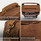 Kleine Umhängetasche aus Rindsleder in tan, Nahaufnahmen von Henkel, Innenfächern, Karabiner und geprägtem STILORD-Logo mit Wassertropfen