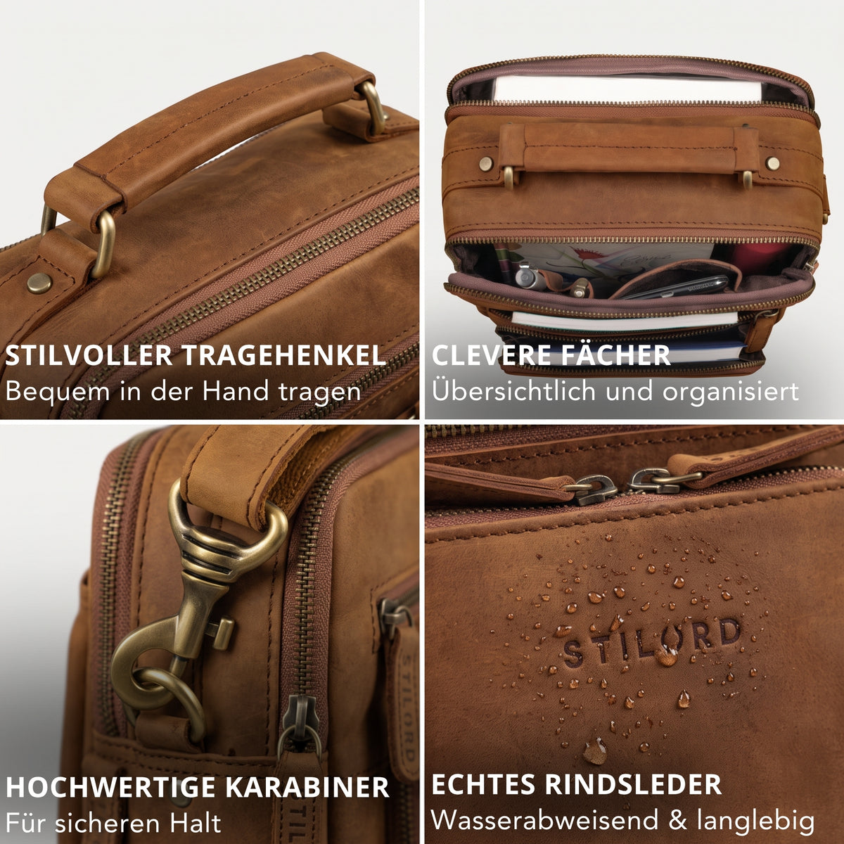 Kleine Umhängetasche aus Rindsleder in tan, Nahaufnahmen von Henkel, Innenfächern, Karabiner und geprägtem STILORD-Logo mit Wassertropfen