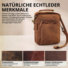 Kleine Herren-Umhängetasche aus echtem Leder in tan dunkelbraun, Vorderansicht mit Henkel, Frontfach und sichtbarer STILORD Prägung