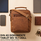 Kleine Umhängetasche aus Leder tan mit Henkel, gepolstertes Tabletfach (10,1 Zoll), Platz für DIN A5, STILORD-Prägung