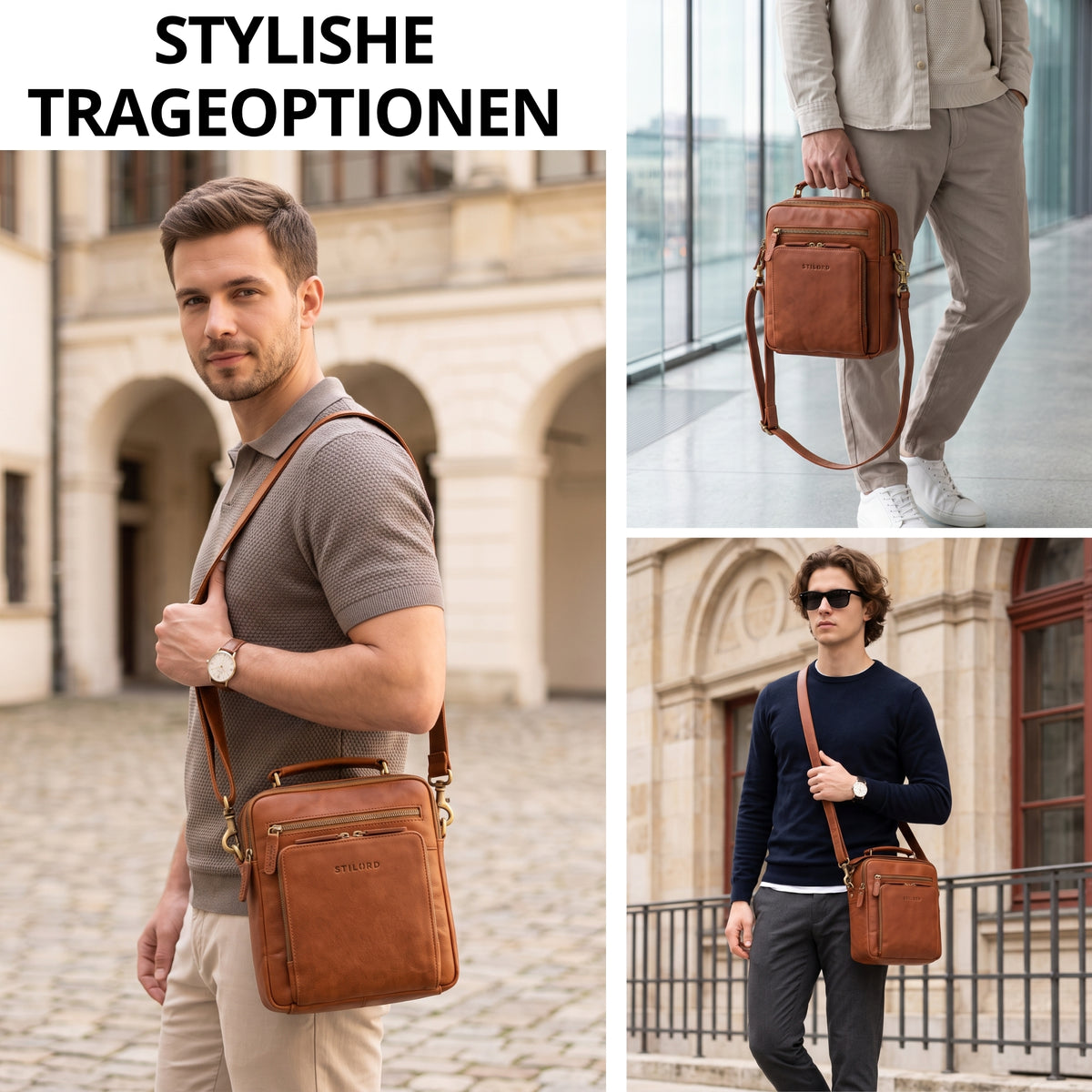Kleine Umhängetasche aus Leder in maraska-braun, Obergriff und verstellbarer Schultergurt, STILORD-Prägung, urbane Trageansichten