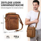 Kleine Leder-Umhängetasche tan mit Henkel, Frontfach mit STILORD-Prägung, Frontansicht und Modell trägt sie quer
