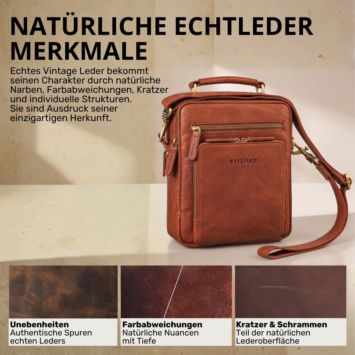 Kleine Herren-Umhängetasche aus echtem Leder in maraska-braun, Fronttaschen und Henkel, drei Viertel Ansicht, STILORD-Prägung