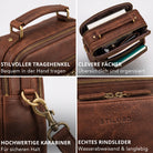 Kleine braune Leder-Umhängetasche, Henkel, geöffnete Fächer mit Tablet, Karabiner und geprägtes STILORD-Logo mit Wasserperlen